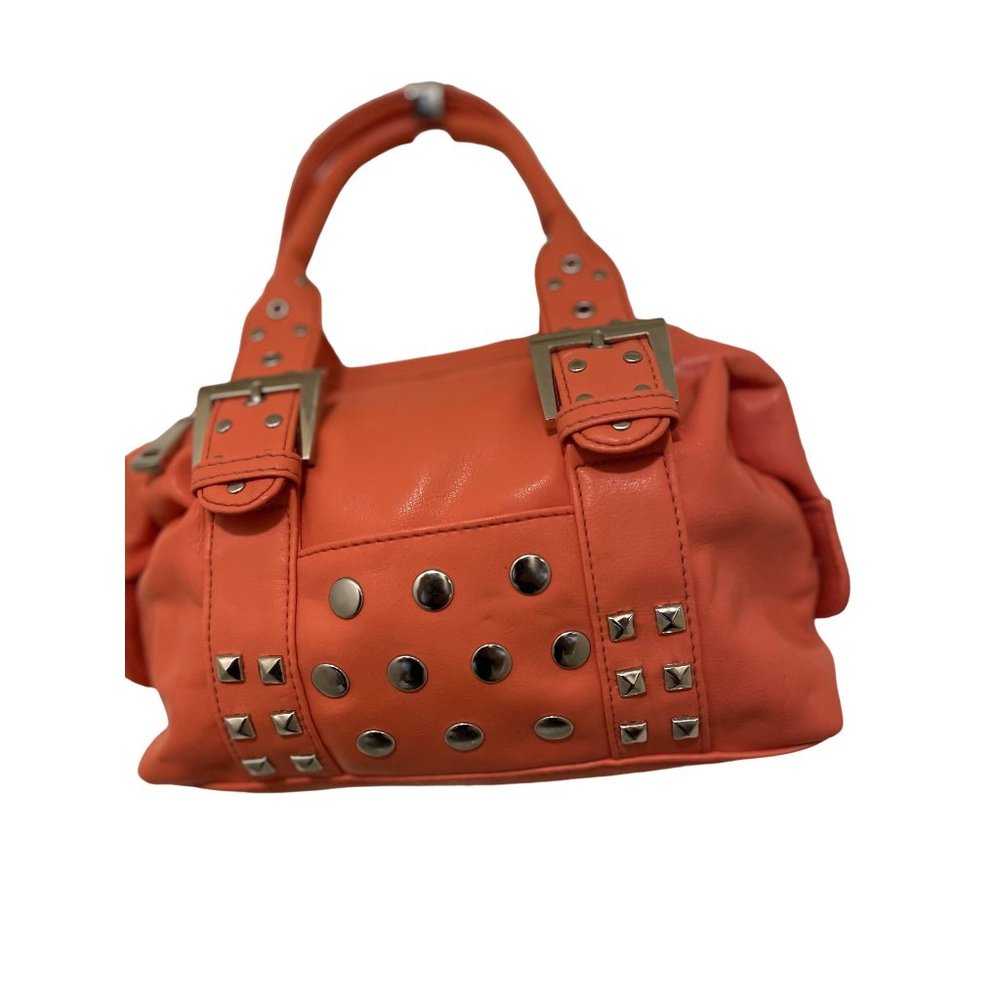 Orange Studded Synthetic Plastic Double Strap‎ Zip Closure Hand Bag Purse